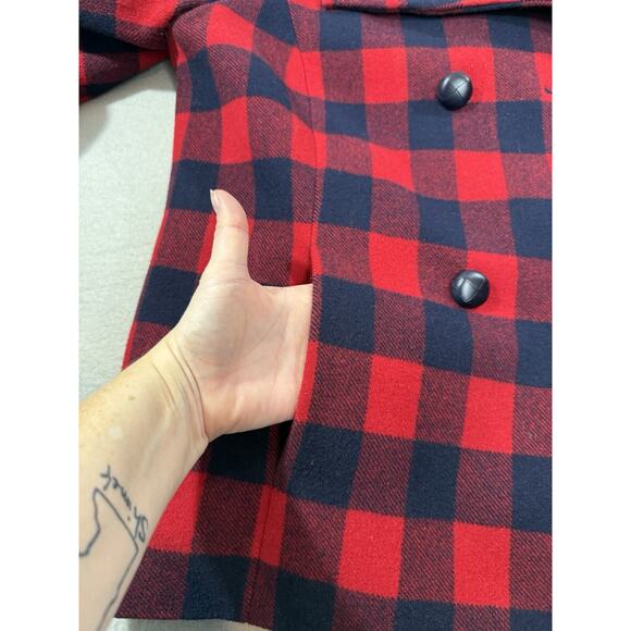 Talbots Womens Pea Coat Red Buffalo Plaid Lined Wool Jacket Sz L 14 Petite Navy - Picture 11 of 16
